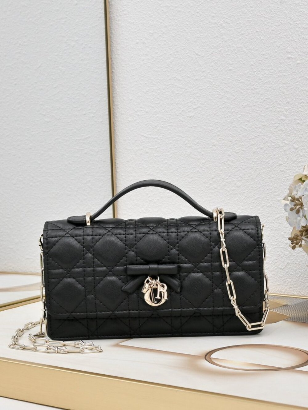 Dior Black Cannage Quilted Leather Mini Flap Top Handle Chain Crossbody Bag